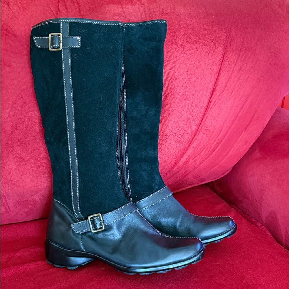 NATURALIZER Jadis Black REAL Suede Leather Low Heel Knee Boots 8.5 Wide WW